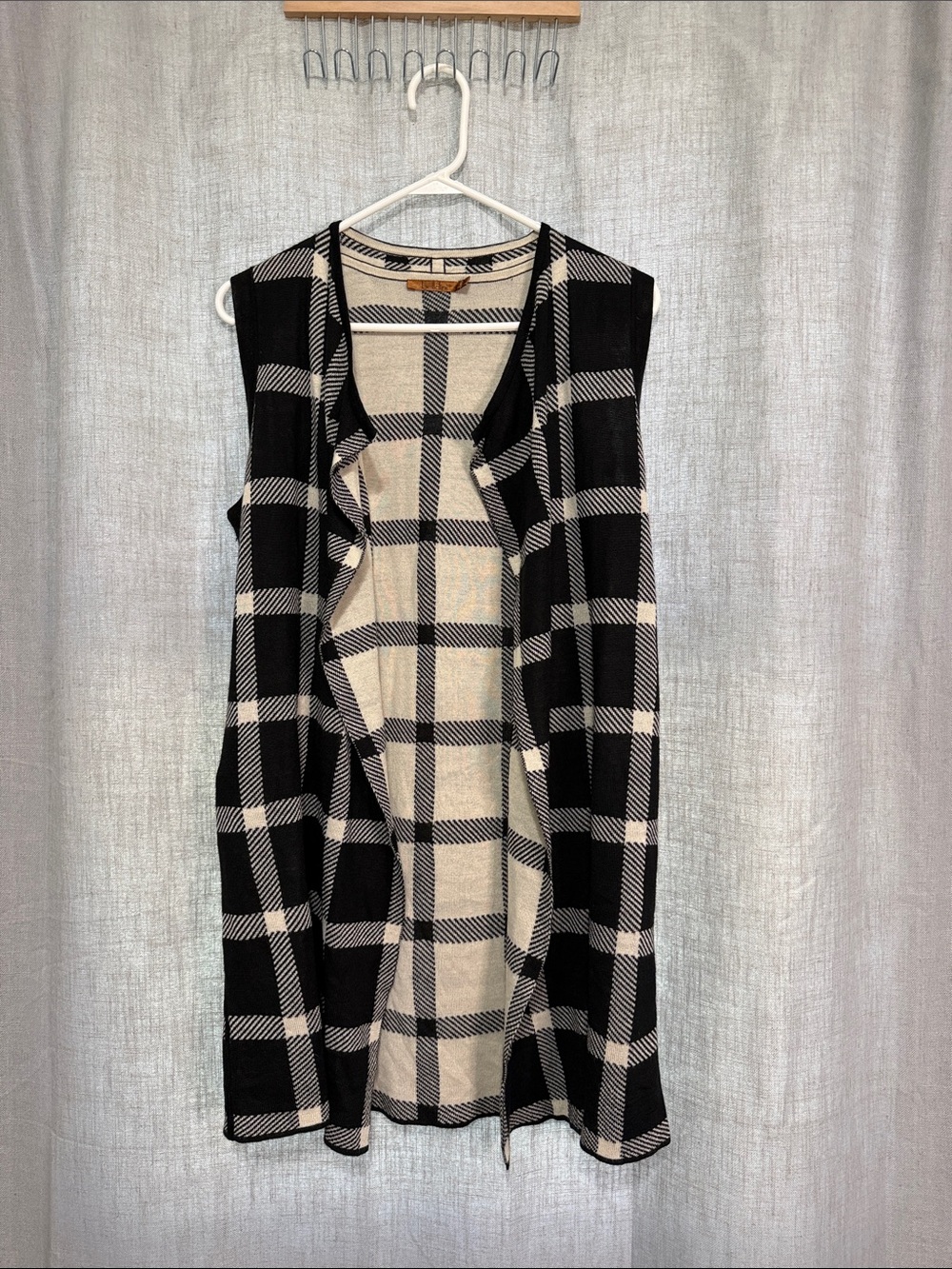 Belldini Black Cream Plaid Long Open Front Duster Sweater Vest